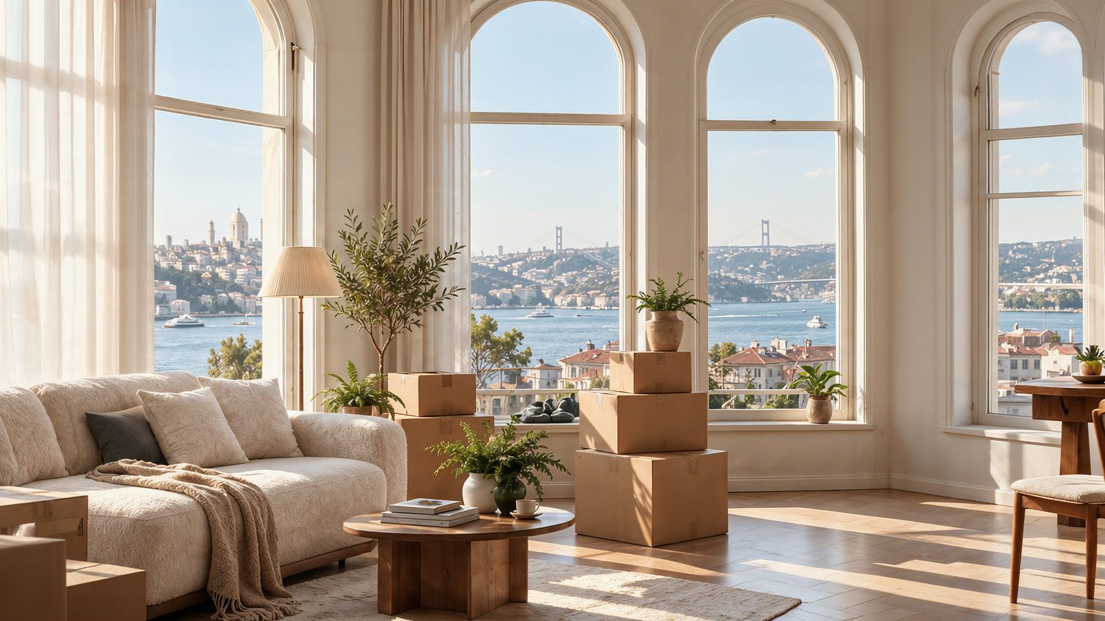 Taşınma gününde bir İstanbul dairesi: kanepe, sehpa, zeytin ağacı ve koliler; kemerli pencerelerden Boğaz, köprü ve vapurlar görünüyor.